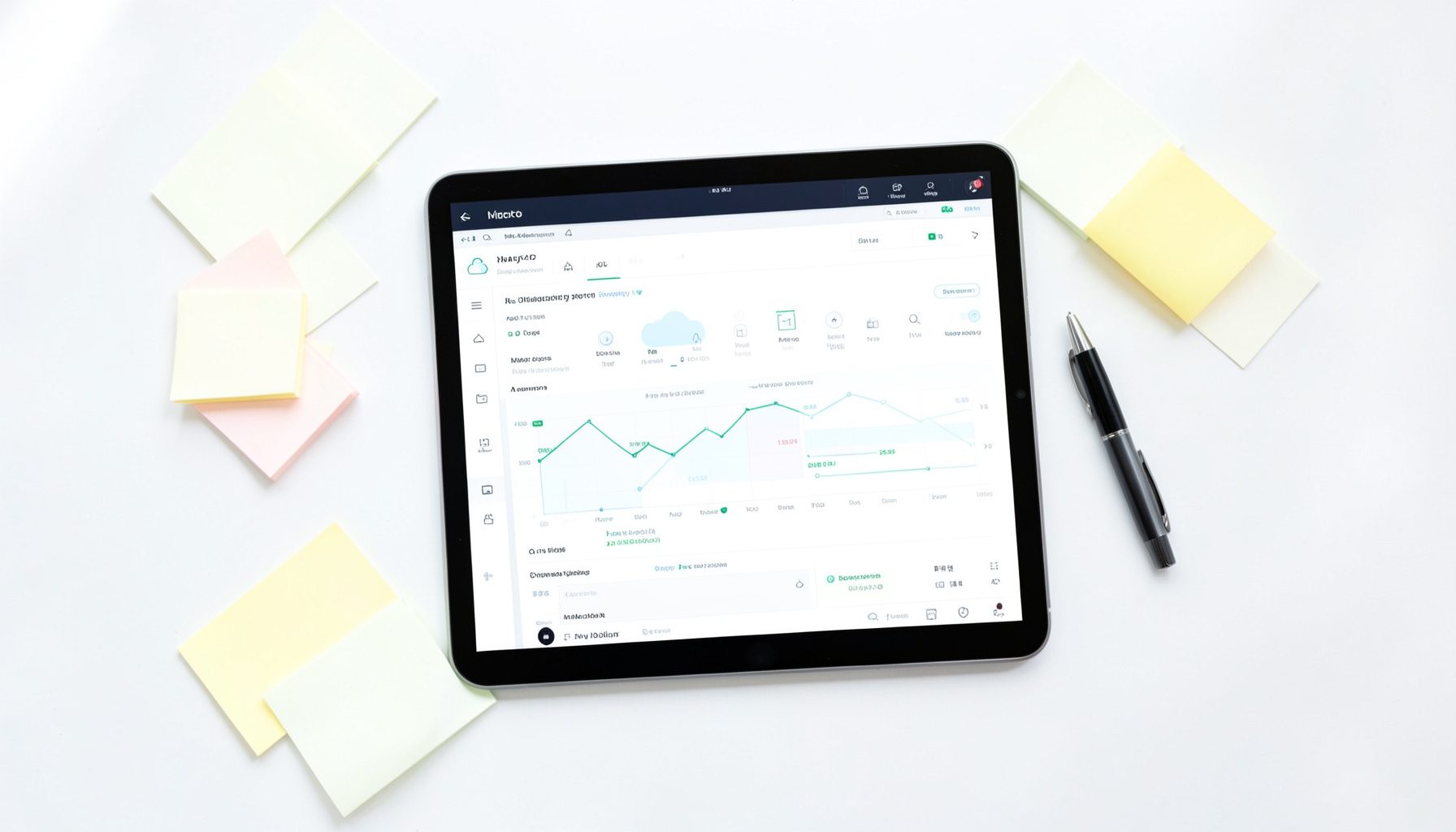 Clean overhead shot of a modern cloud-infrastructure dashboard on a tablet, surrounded by neat sticky notes and a pen on a white desk, with soft shadows and a calm, professional mood.