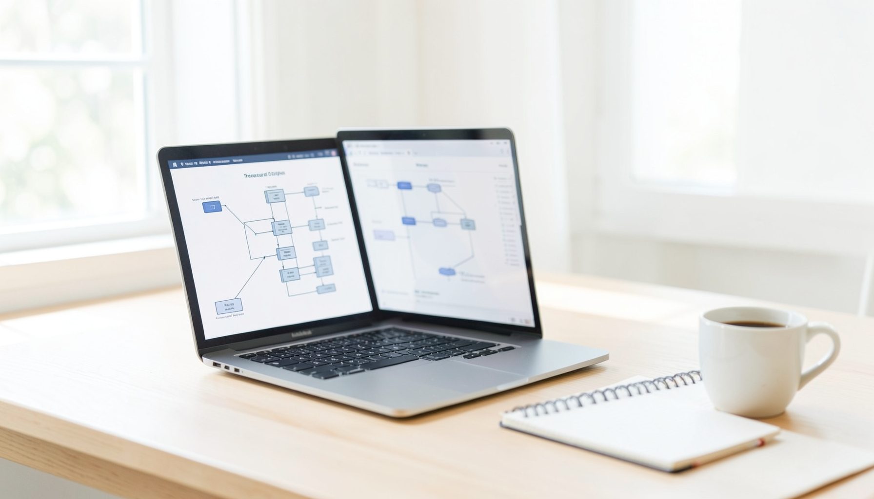 Bright, airy photograph of a clean developer workspace with a laptop displaying abstract server architecture diagrams, a notebook, and a cup of coffee on a light wood desk near a window with soft natural daylight.