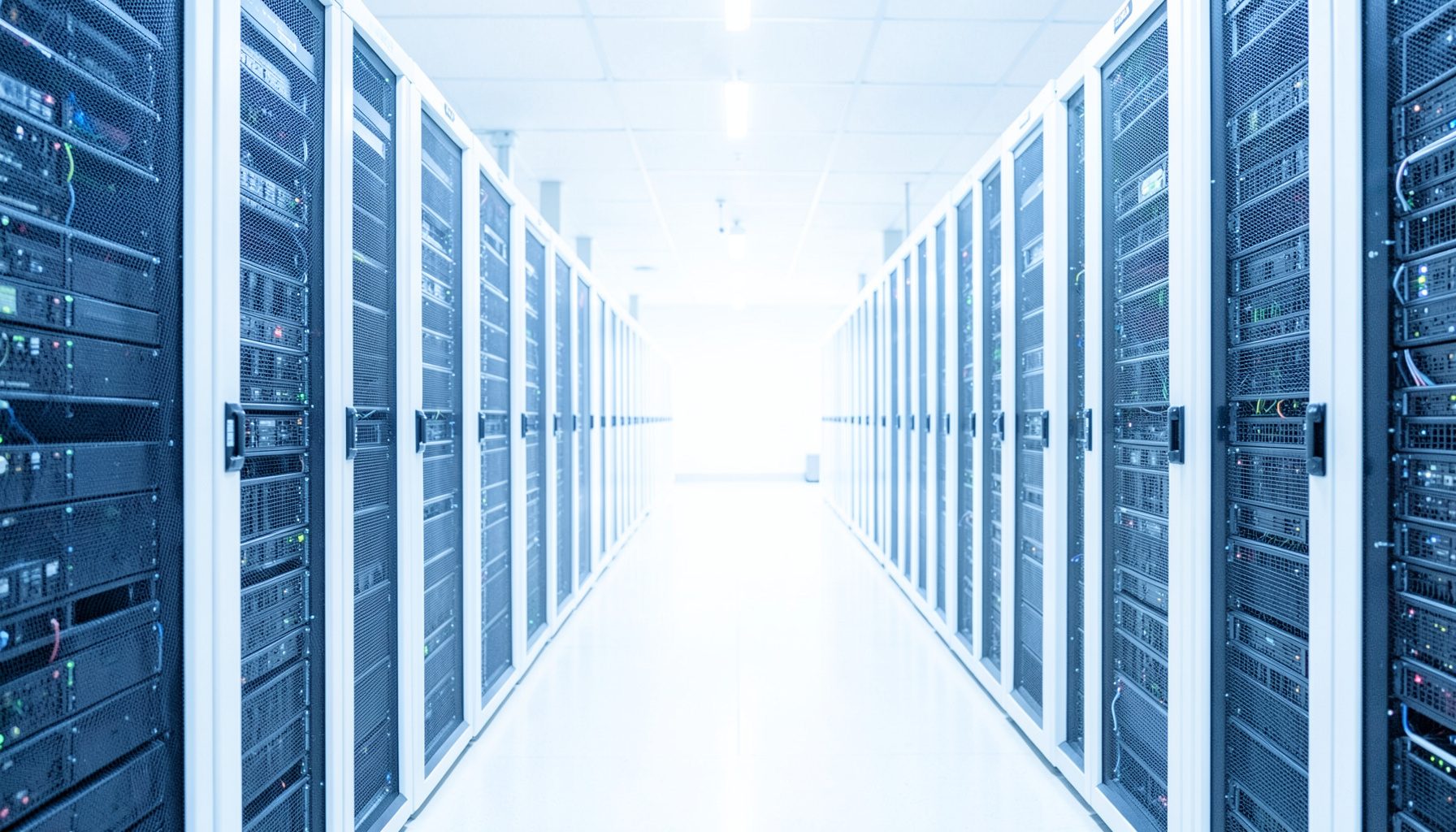 A bright, airy photograph of a modern data center aisle with rows of server racks bathed in soft blue and white light, conveying cloud infrastructure scale.