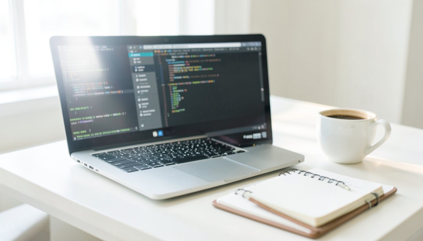 A bright, airy close-up of a clean desk with a laptop displaying terminal output, a notebook, and a coffee cup, bathed in soft natural window light. The mood is calm, focused, and professional.